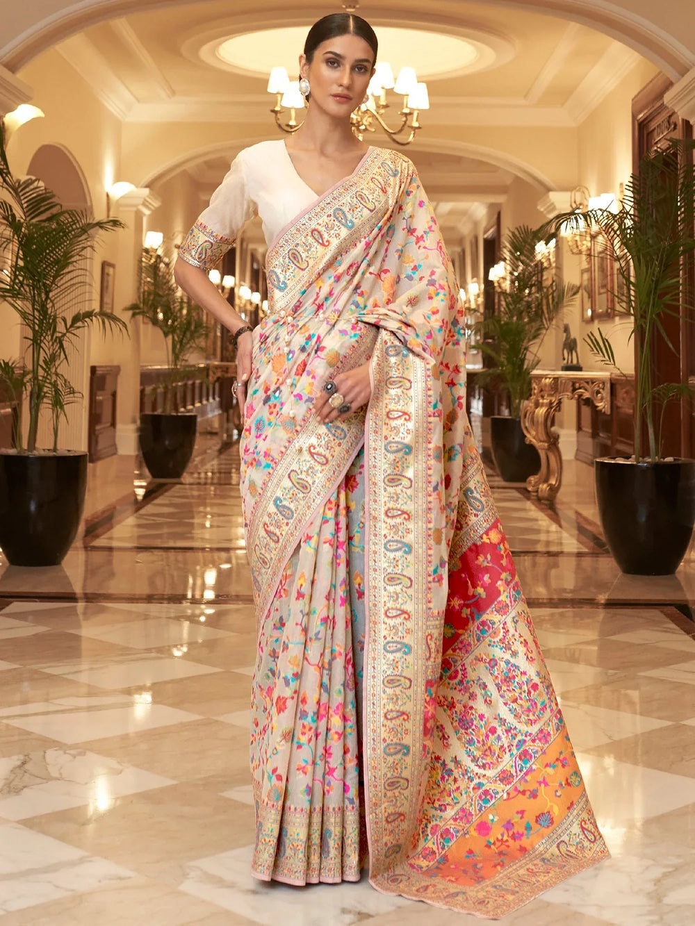 Cream and Multicolor Kashmiri Jamewar Silk Saree - The Dori Store