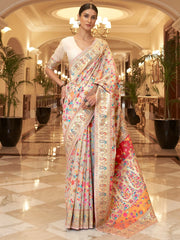 Cream and Multicolor Kashmiri Jamewar Silk Saree - The Dori Store