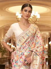 Cream and Multicolor Kashmiri Jamewar Silk Saree - The Dori Store