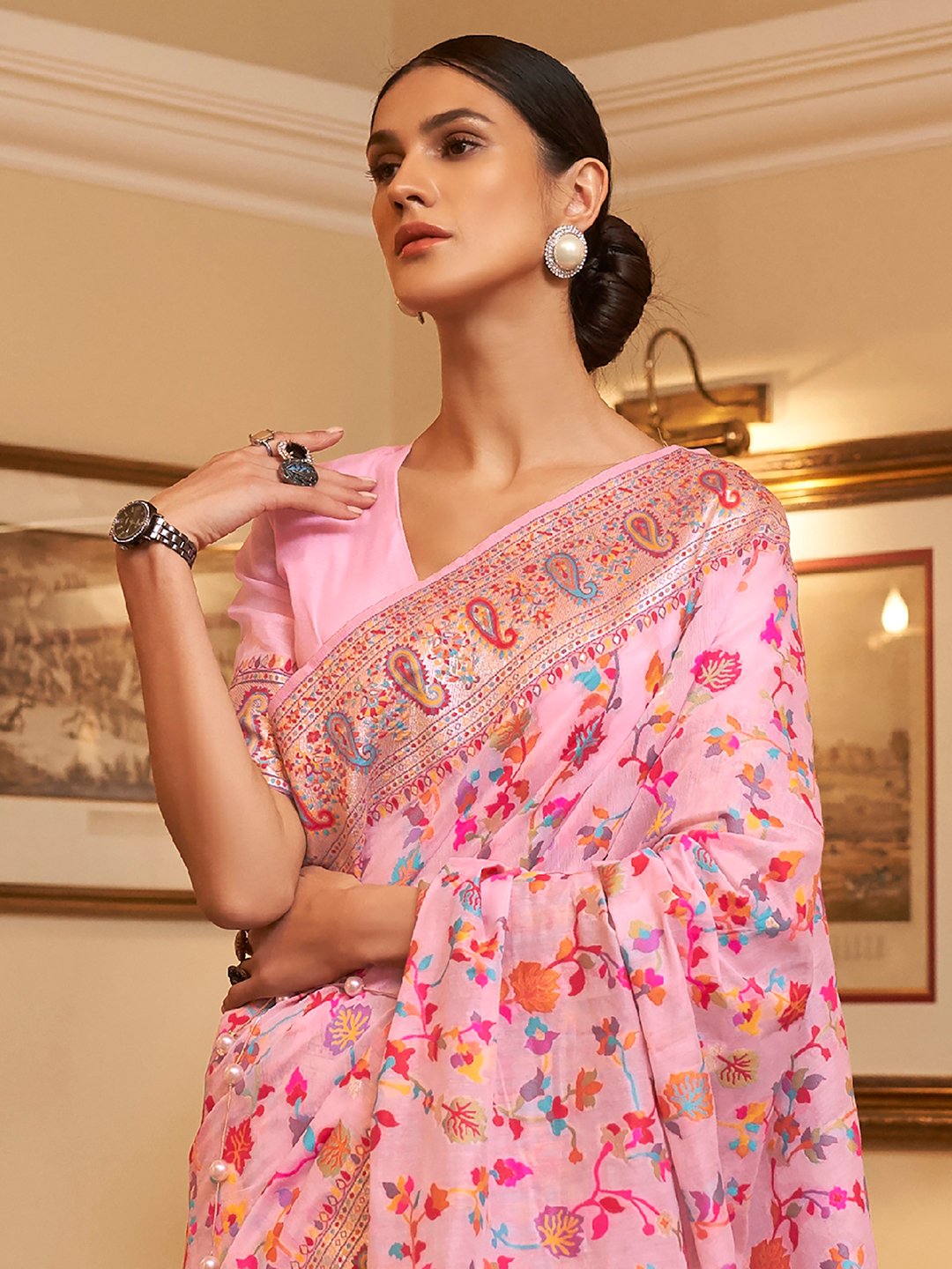 Pink Phulkari Silk Blend Woven Saree