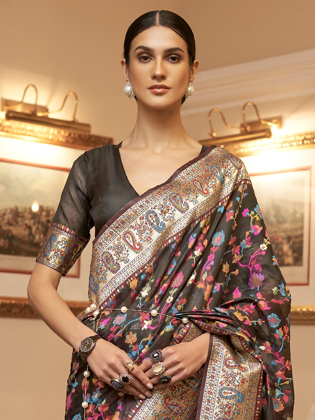 Black Phulkari Silk Blend Woven Saree