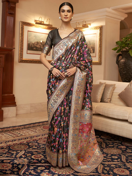 Black Black Phulkari Silk Blend Woven Saree