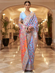 Water Blue Kashmiri Jamewar Silk Saree - The Dori Store