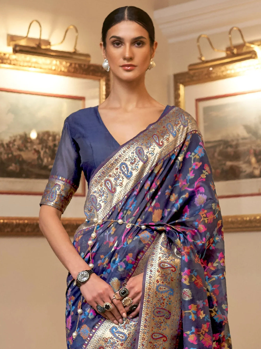 Navy Blue Kashmiri Jamewar Silk Saree - The Dori Store
