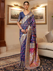 Navy Blue Kashmiri Jamewar Silk Saree - The Dori Store
