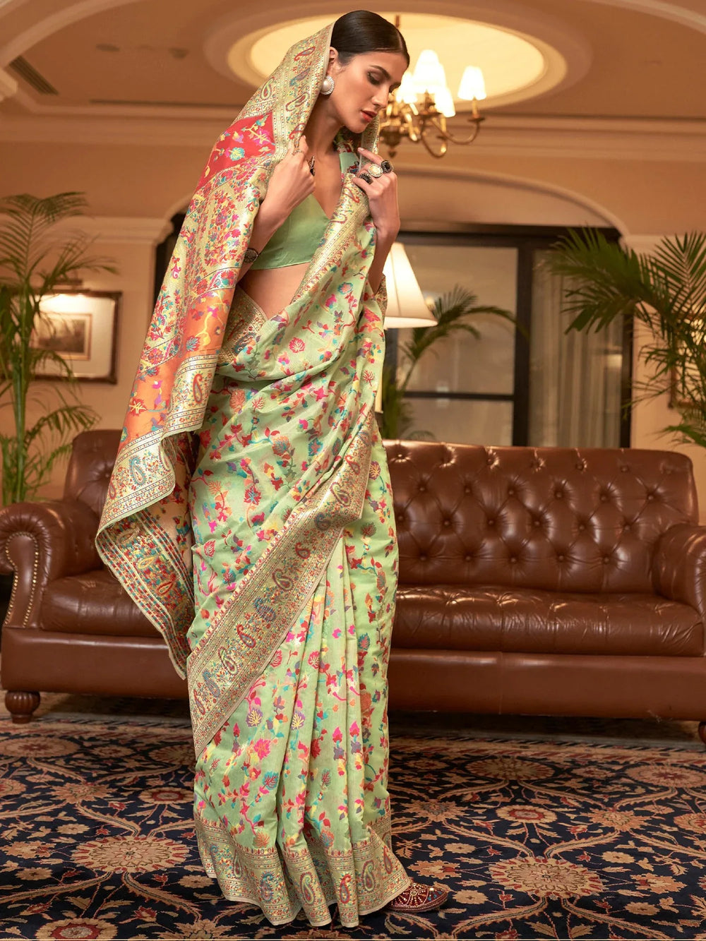 Pista Green Kashmiri Jamewar Silk Saree - The Dori Store