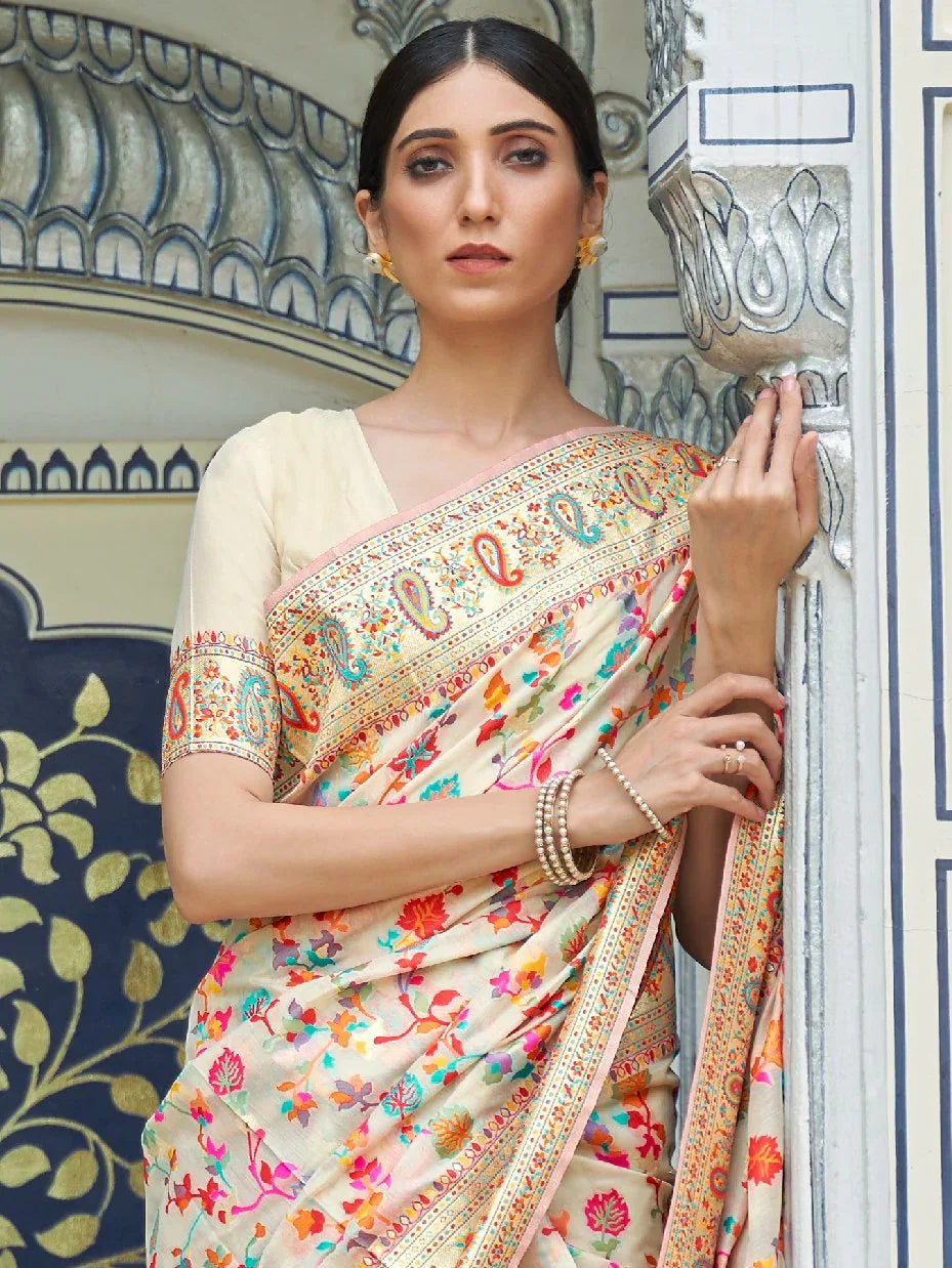 Multicolor Cream Kashmiri Jamewar Silk Saree - The Dori Store