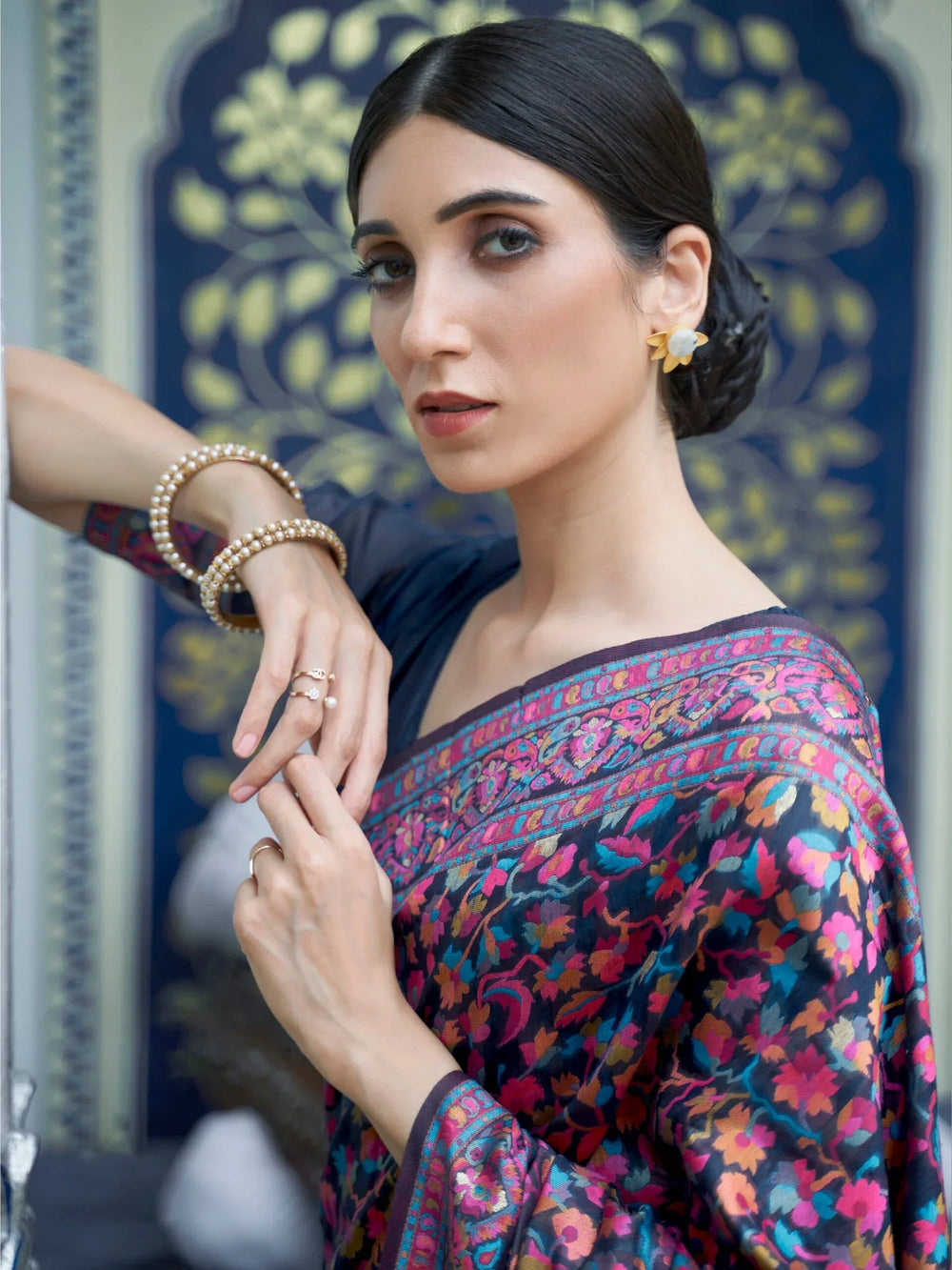 Navy Blue Kashmiri Jamewar Silk Saree - The Dori Store