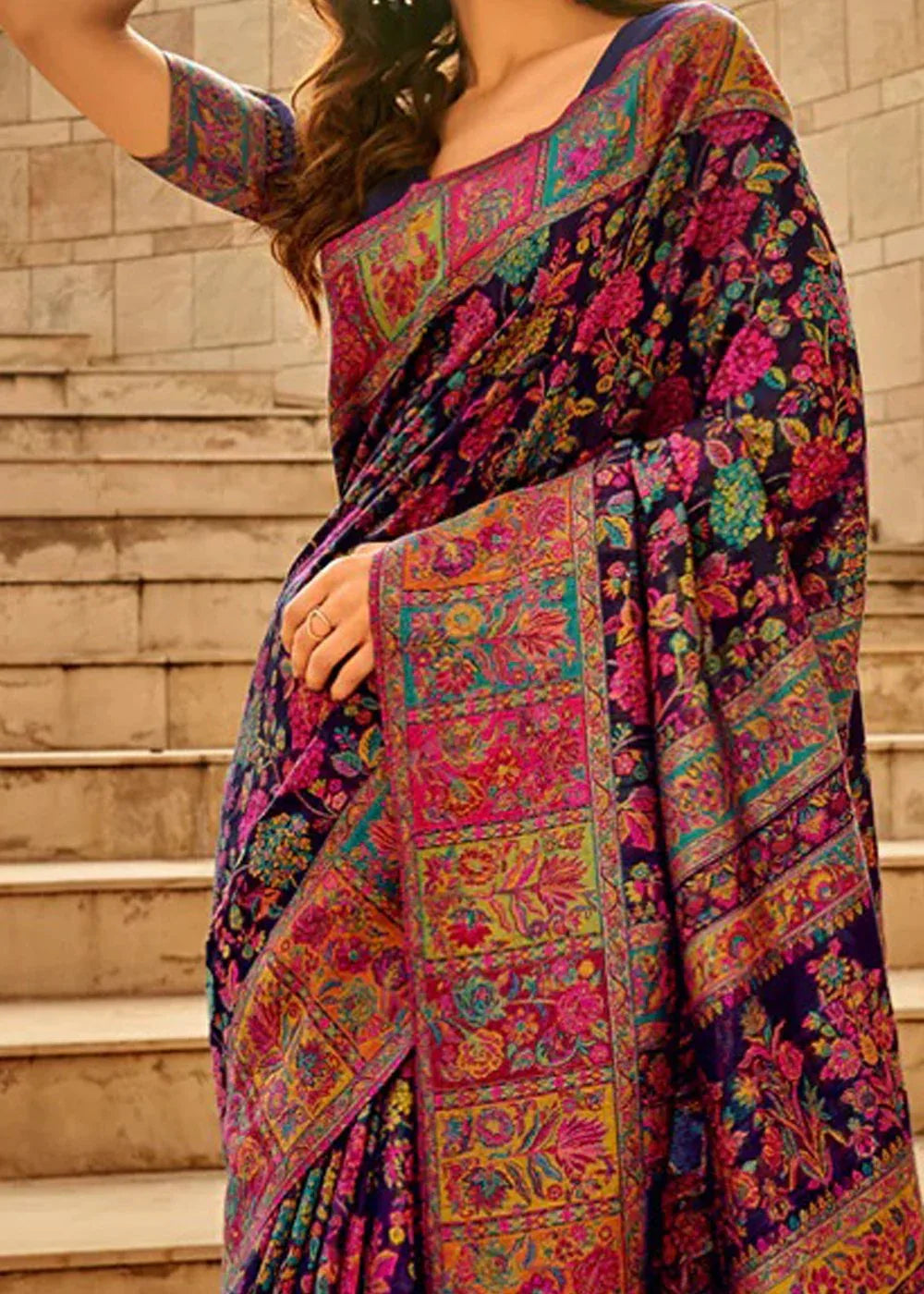 Navy Blue Festive Kashmiri Cotton Saree - The Dori Store