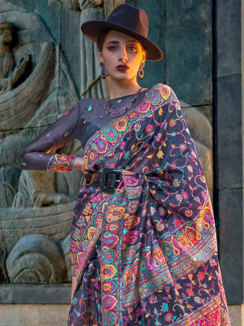 Fossil Grey Kashmiri Organza Silk Saree - The Dori Store