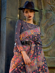 Fossil Grey Kashmiri Organza Silk Saree - The Dori Store