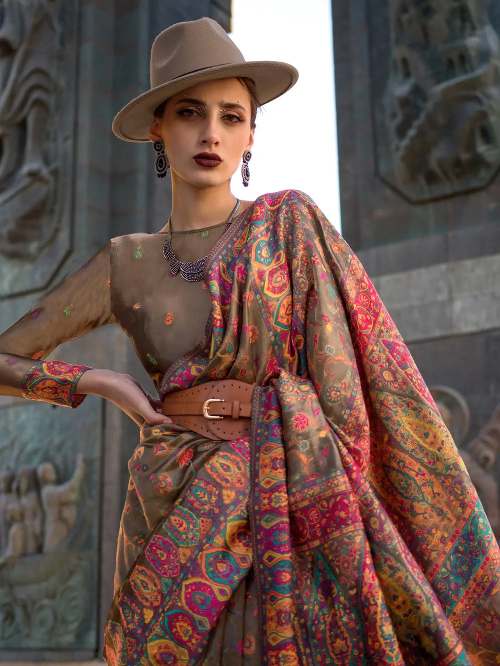 Coffee Brown Kashmiri Organza Silk Saree - The Dori Store