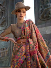 Coffee Brown Kashmiri Organza Silk Saree - The Dori Store