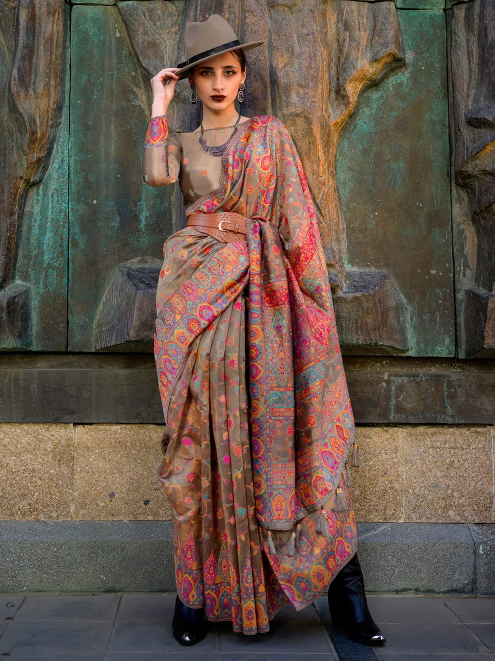 Coffee Brown Kashmiri Organza Silk Saree - The Dori Store