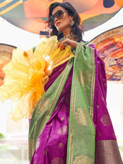 Green and Purple Banarasi Silk Saree - The Dori Store