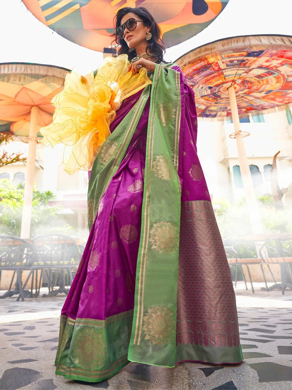 Green and Purple Banarasi Silk Saree - The Dori Store