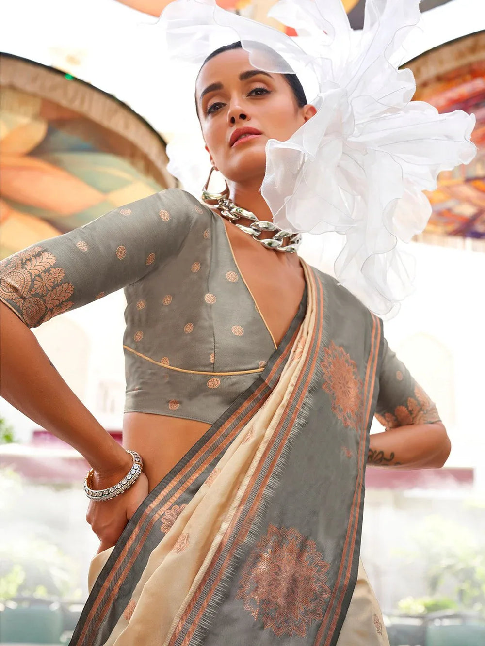 Grey and Cream Banarasi Silk Saree - The Dori Store