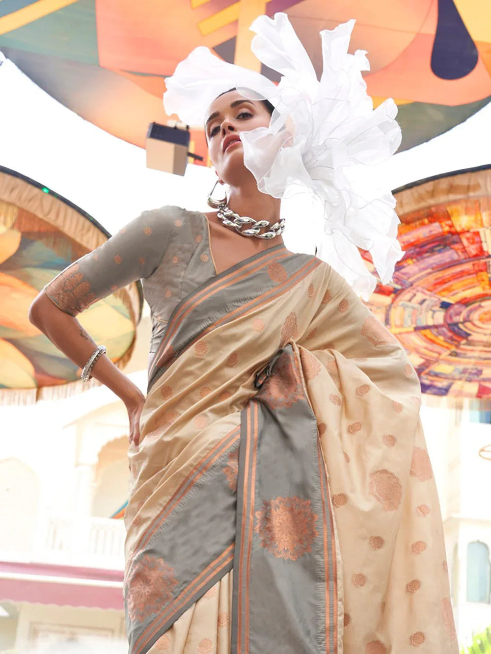 Grey and Cream Banarasi Silk Saree - The Dori Store