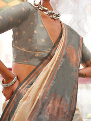 Grey and Cream Banarasi Silk Saree - The Dori Store