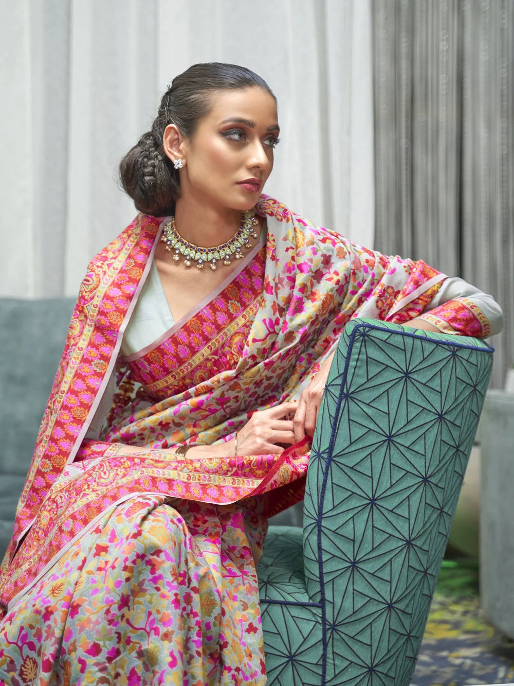 SeaGreen Banarasi Cotton Blend Woven Saree - The Dori Store