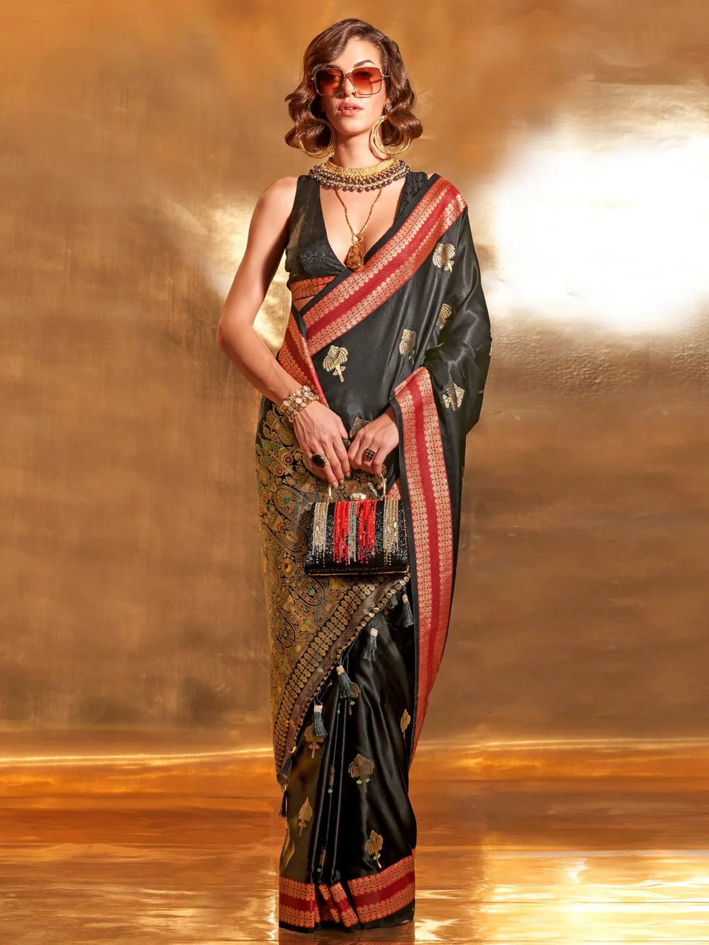 Rich Black Banarasi Satin Silk Saree - The Dori Store
