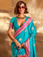 Bright Blue Banarasi Satin Silk Saree - The Dori Store