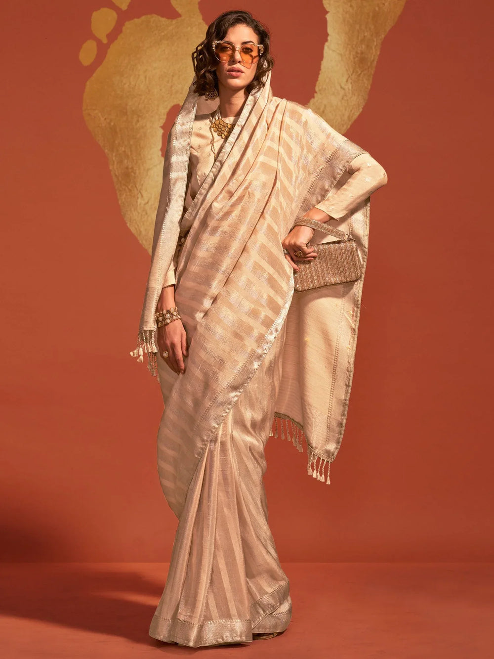 Golden Beige Viscose Banarasi Silk Saree - The Dori Store