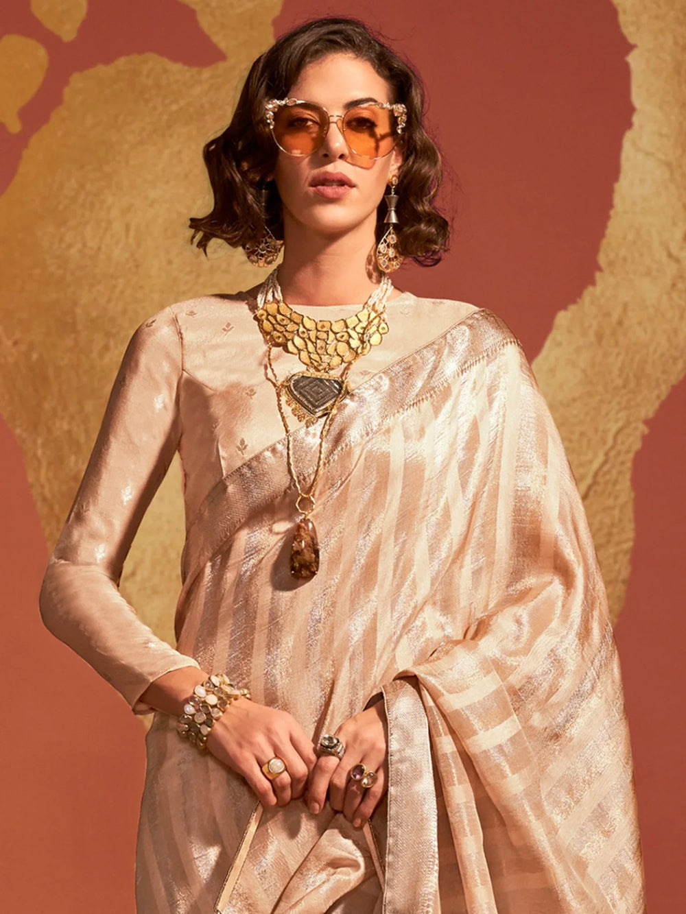 Golden Beige Viscose Banarasi Silk Saree - The Dori Store