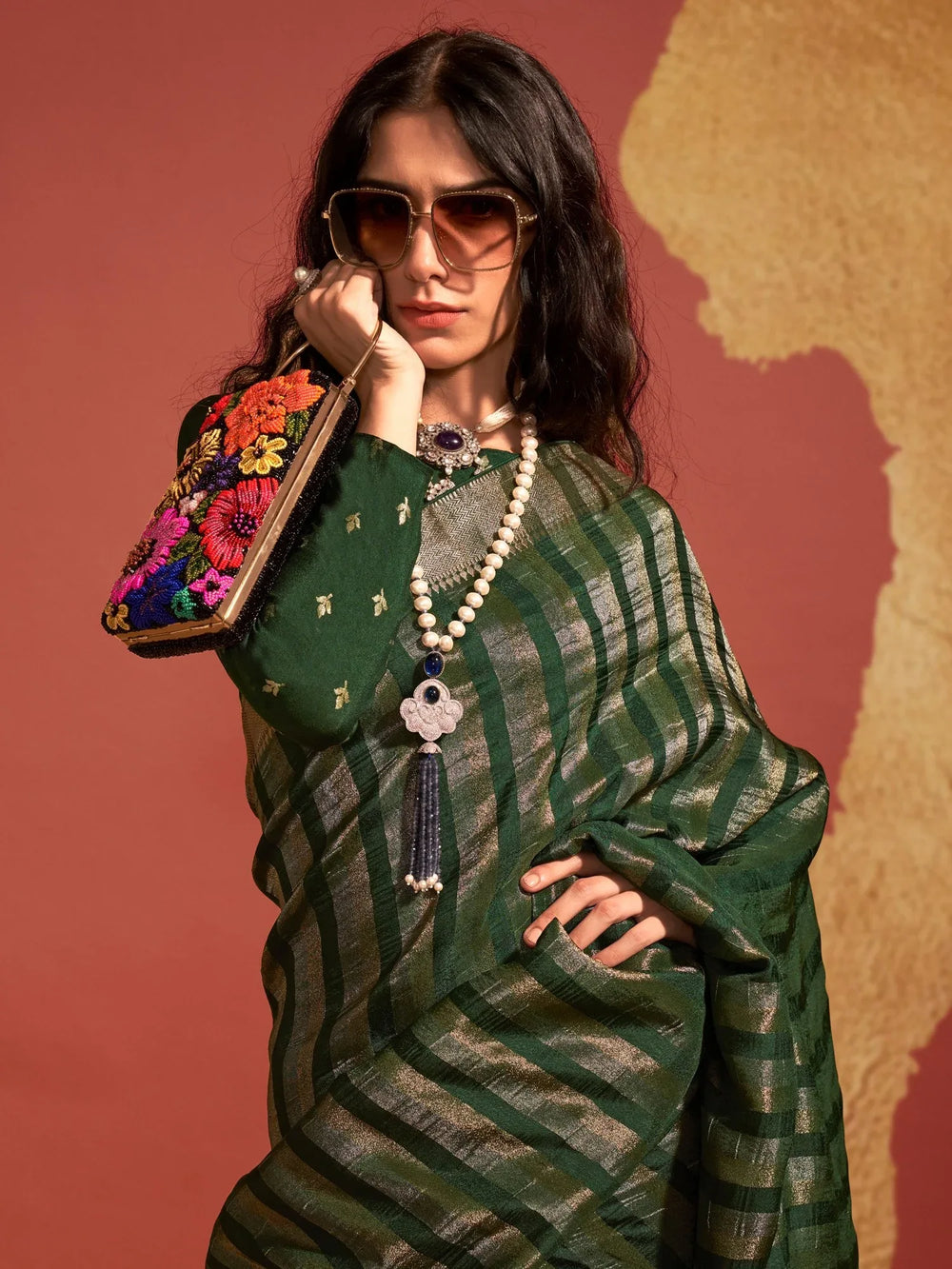 Dark Green Mehendi Banarasi Silk Saree - The Dori Store