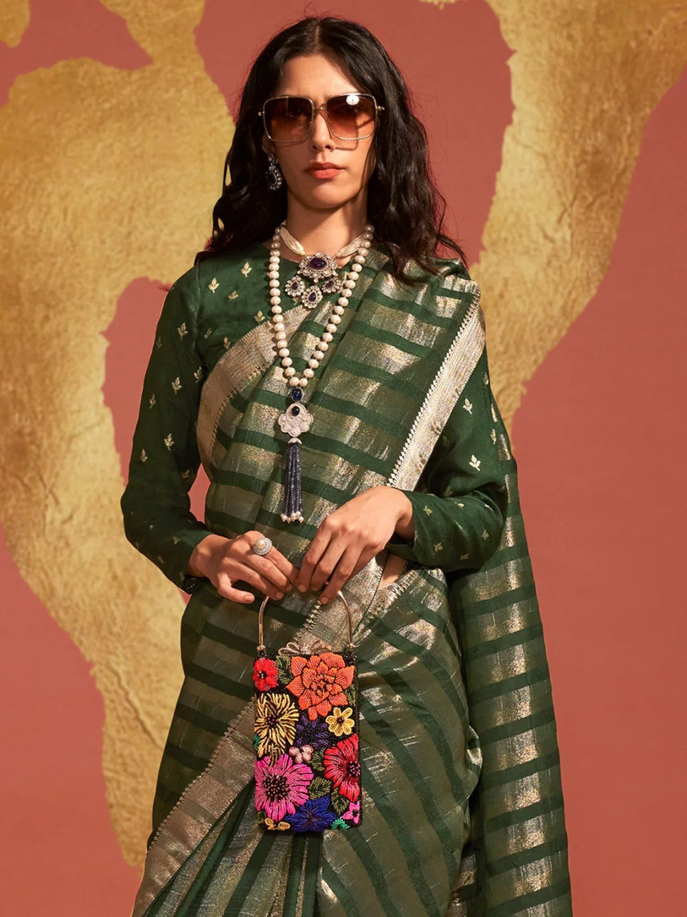 Dark Green Mehendi Banarasi Silk Saree - The Dori Store