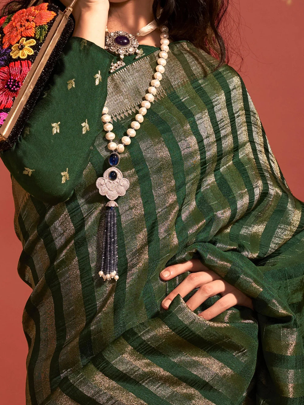 Dark Green Mehendi Banarasi Silk Saree - The Dori Store