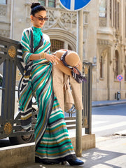 SeaGreen Block Print Crepe Digital Print Saree - The Dori Store