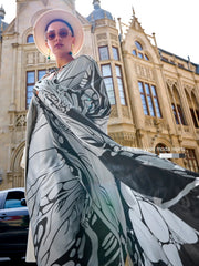 Grey and Black Satin Crepe Digital Printed Saree - The Dori Store