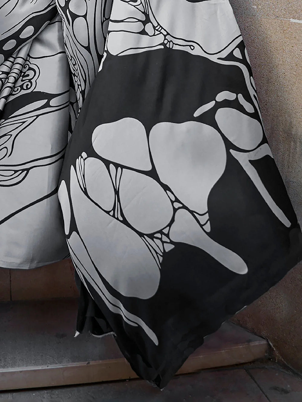 Grey and Black Satin Crepe Digital Printed Saree - The Dori Store