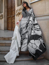 Grey and Black Satin Crepe Digital Printed Saree - The Dori Store