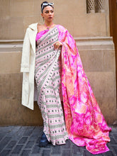 Pinkish White Satin Crepe Digital Printed Saree - The Dori Store