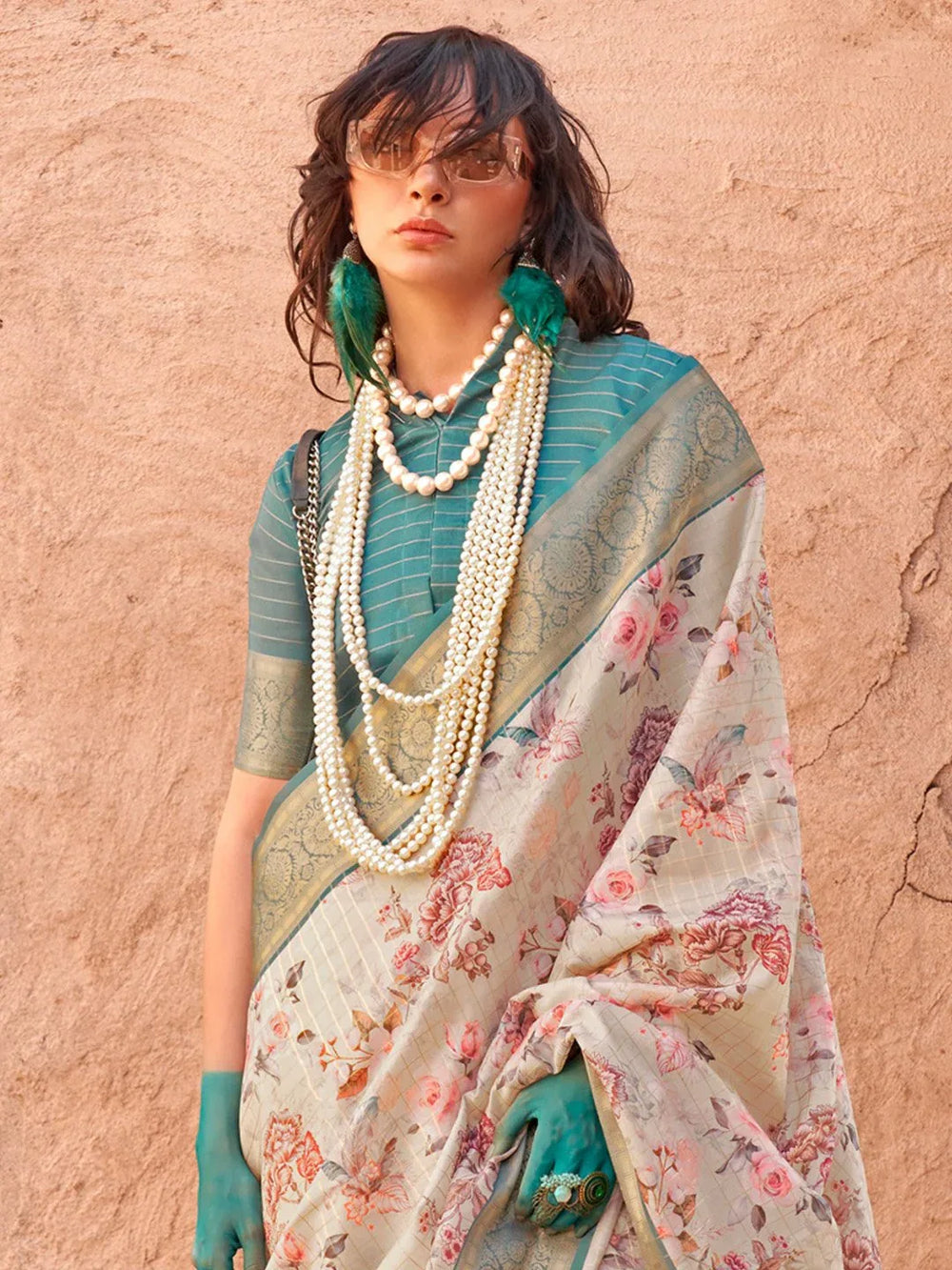 Teal and Cream Georgette Silk Saree - The Dori Store