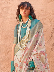 Teal and Cream Georgette Silk Saree - The Dori Store