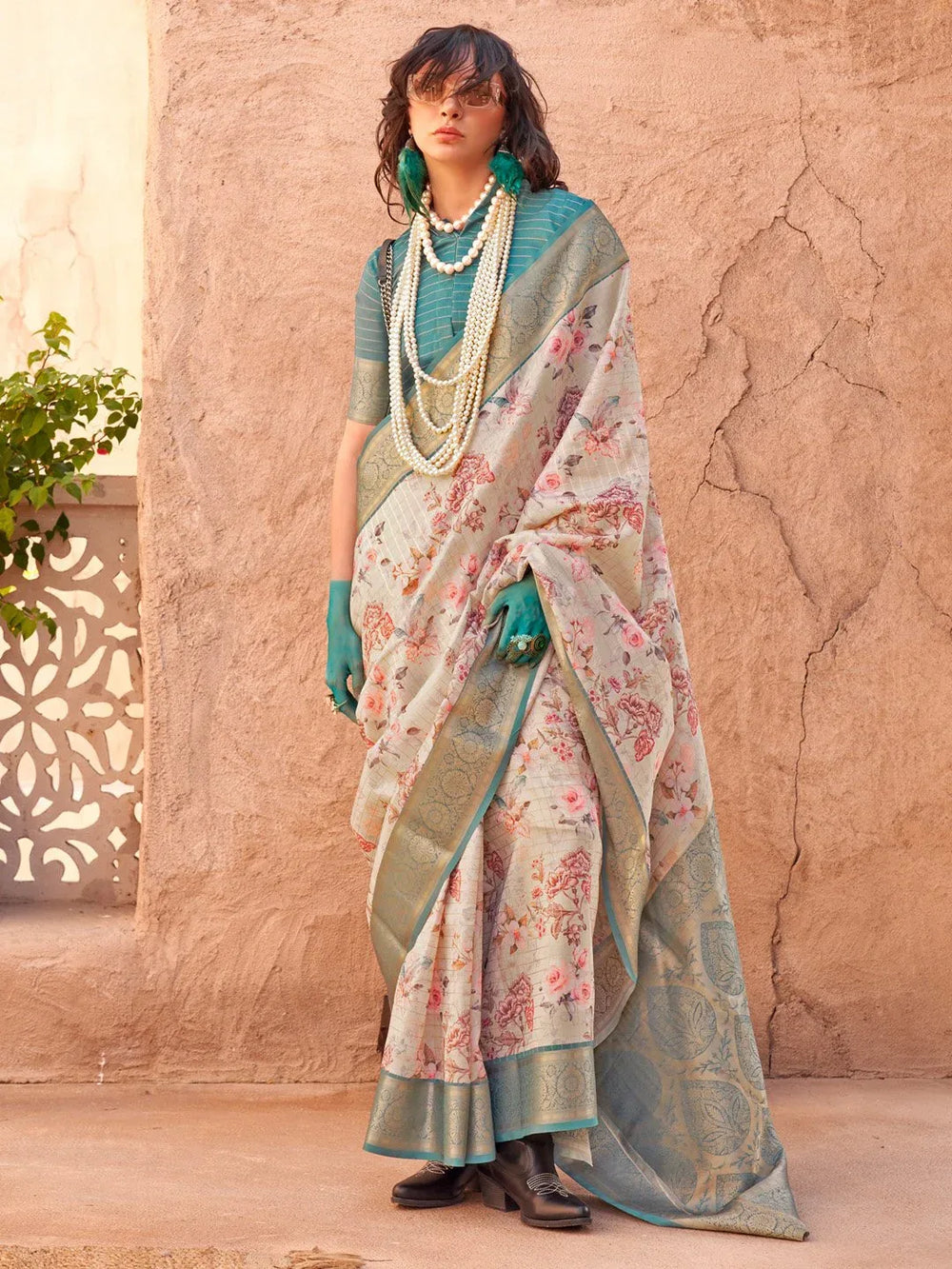 Teal and Cream Georgette Silk Saree - The Dori Store