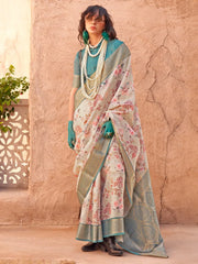 Teal and Cream Georgette Silk Saree - The Dori Store