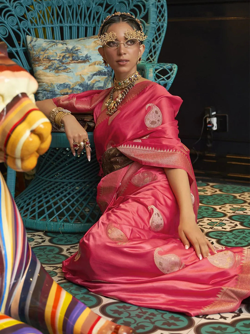 Pink Bagru Silk Blend Woven Saree - The Dori Store