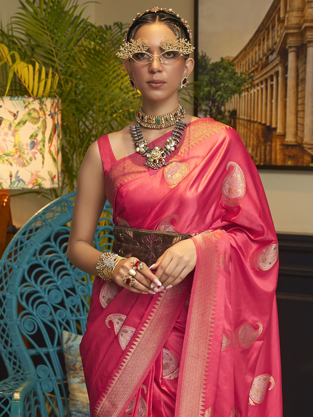 Pink Bagru Silk Blend Woven Saree
