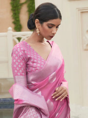Light Pink Pure Linen Silk Weaving Saree - The Dori Store