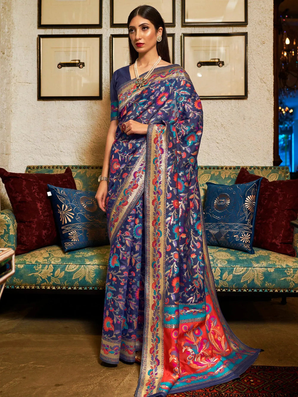 Navy Blue Kashmiri Jamewar Weaving Saree - The Dori Store