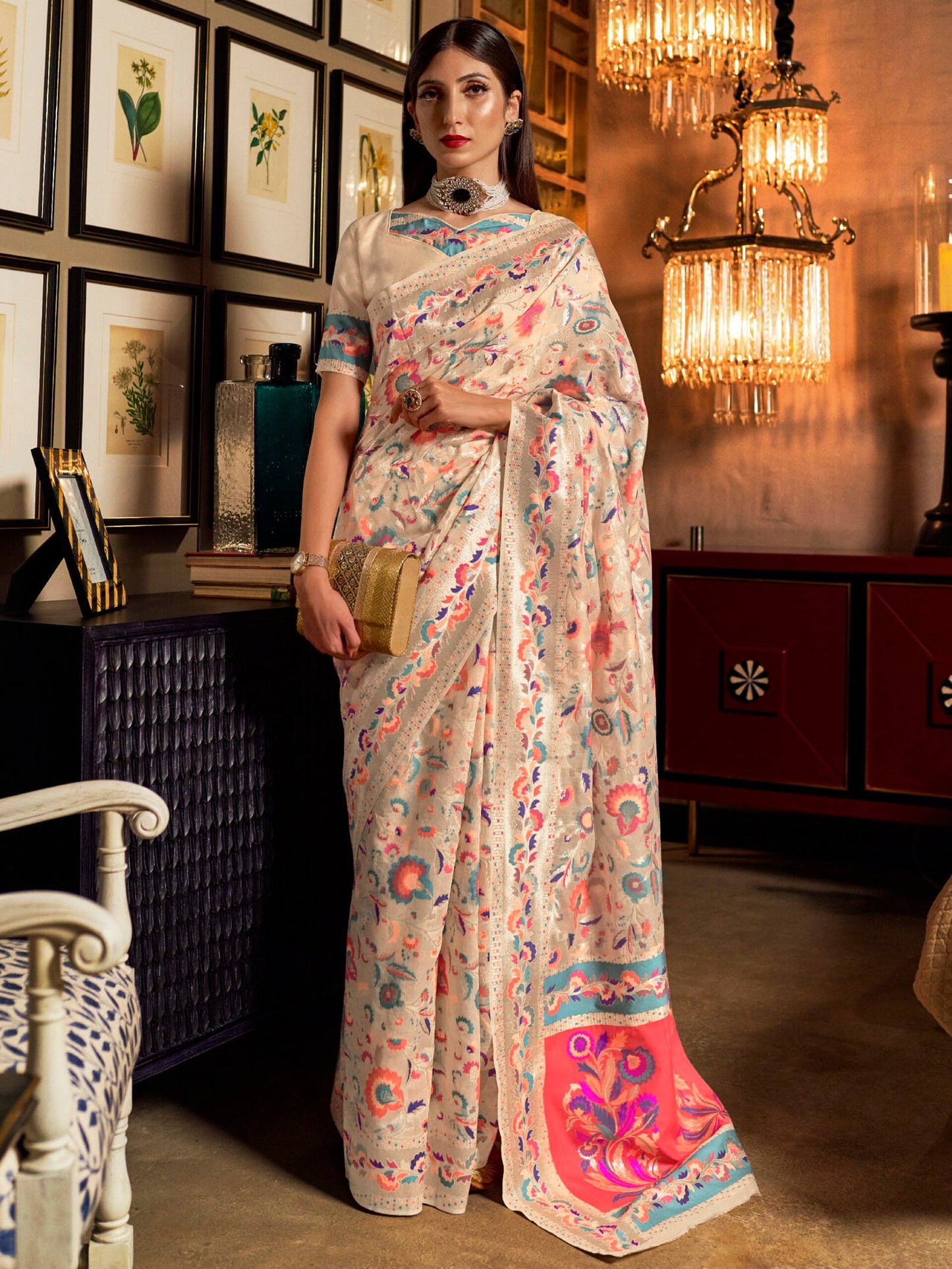 Cream Cream Banarasi Modal Woven Saree