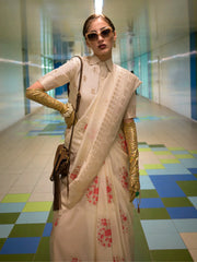 Ethnic Cream Habutai Silk Handloom Saree - The Dori Store