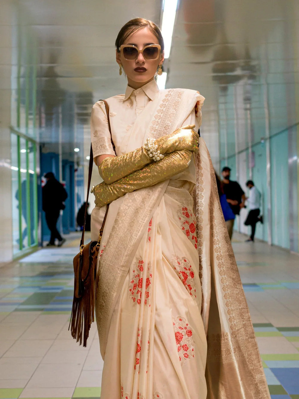 Ethnic Cream Habutai Silk Handloom Saree - The Dori Store