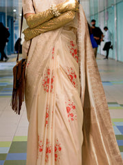 Ethnic Cream Habutai Silk Handloom Saree - The Dori Store