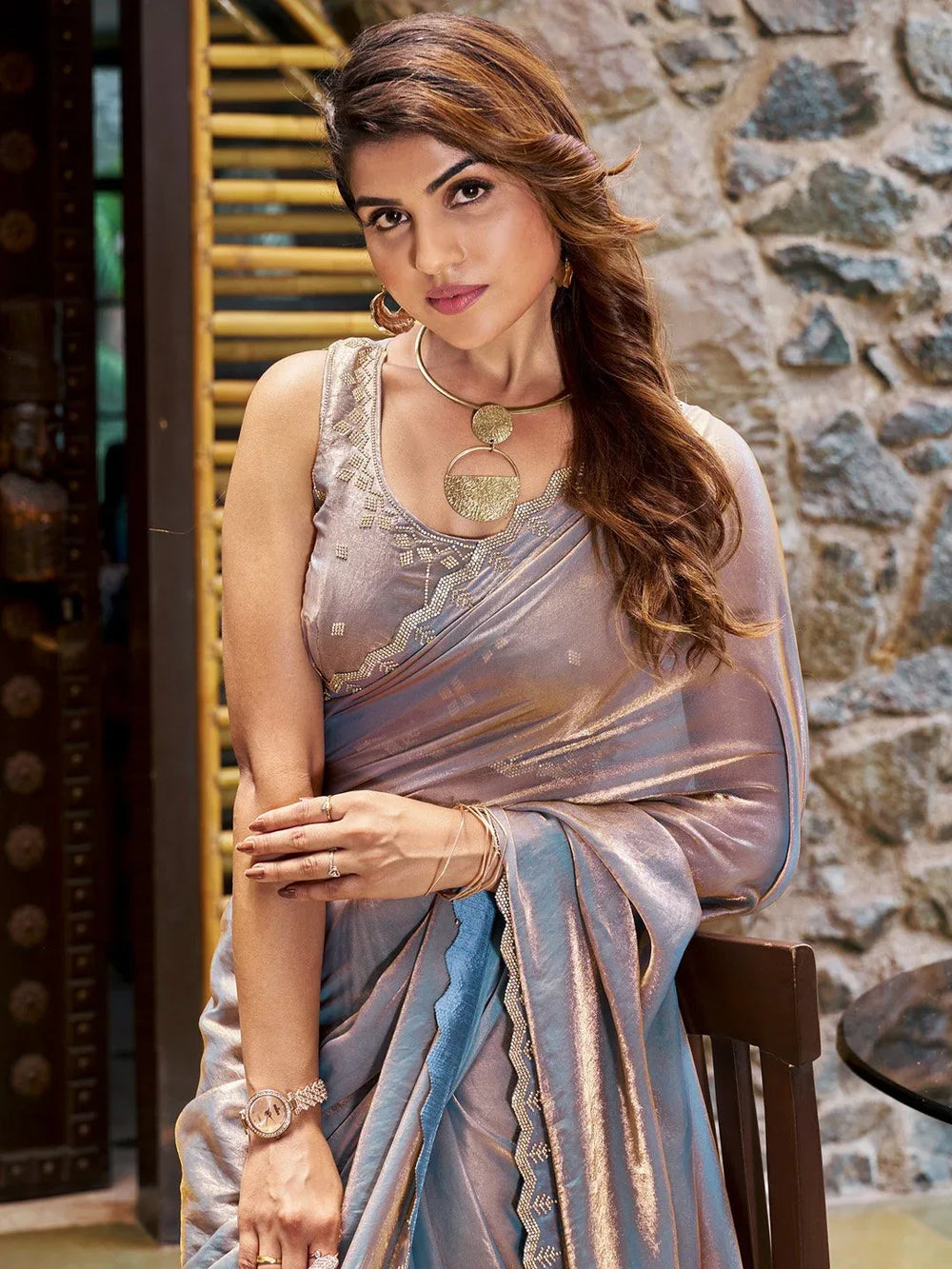 Exquisite Metallic Grey Sheer Chiffon Lightweight Weave Saree - The Dori Store