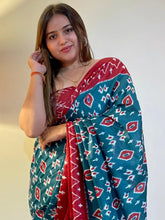 Maroon Teal Blue Printed Branded Cotton Saree - The Dori Store